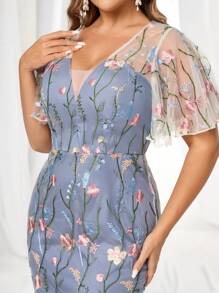 SHEIN Belle 大码花卉刺绣荷叶边袖 V 领美人鱼下摆优雅花园派对晚会鸡尾酒礼服、婚礼活动礼服、正式礼服，适合婚礼嘉宾、毕业典礼、晚宴 - 彩色 - 查看 4