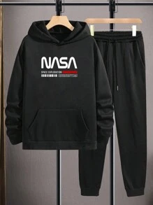 RueChic Ensemble sweat-shirt à capuche et pantalon de survêtement imprimé logo, décontracté pour hommes