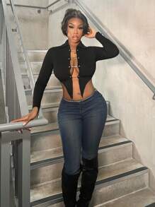 BamGleam 女士纯色不对称下摆时尚合身翻领长袖 T 恤 - 黑色 - 查看 7