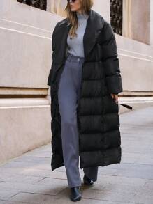 EURMUSE Fashionable Solid Long Belted Padded Coat