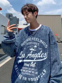 Manfinity Hypemode Áo nỉ hở vai in chữ denim xanh nhạt cho nam cỡ lớn - Rửa nhẹ - Xem 6