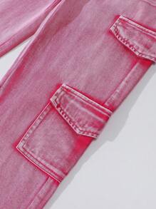 Tween Girl Y2K Style Vintage Distressed Multi-Pocket Cargo Washed Pink Denim Jeans - Pink - View 6