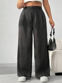SHEIN EZwear Plus Size Black Striped Retro Loose Pants - Black - View 1