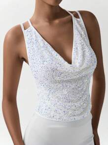 Lumivelle Camisola elegante de fiesta con escote drapeado con lentejuelas para mujer