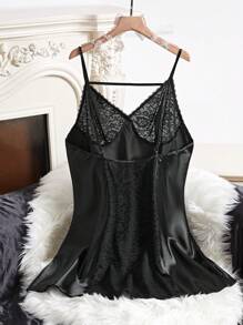Plus Size Backless Lace-Illusion Faux Silk Dress
