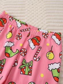 青少年女孩圣诞快乐简约俏皮圣诞老人图案长袖上衣和紧身裤 2 件套紧身睡衣套装 - 彩色 - 查看 3