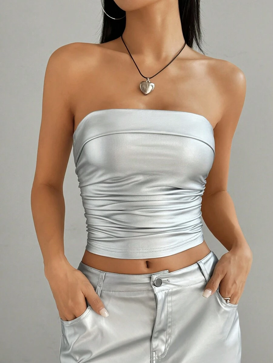 SHEIN EZwear 女士夏季裹颈针织 PU 皮革短款上衣 - 銀色 - 查看 1