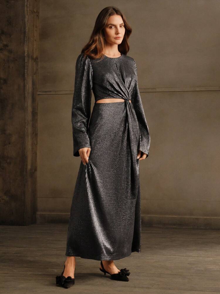 1pc Elegant Silver-Color Pleated Dress For Women