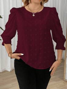 EMERY ROSE Plus Size Casual Solid Color Puff Sleeve Blouse, Spring & Autumn