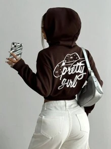 SHEIN Unity 秋季休闲印花连帽短款拉链卫衣 - 棕色 - 查看 3