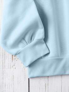 SHEIN EZwear Áo nỉ dài tay cổ tròn in chữ rộng rãi, dáng rộng, cổ trễ vai, size lớn cho nữ, mùa thu/đông - Màu xanh lam - Xem 4