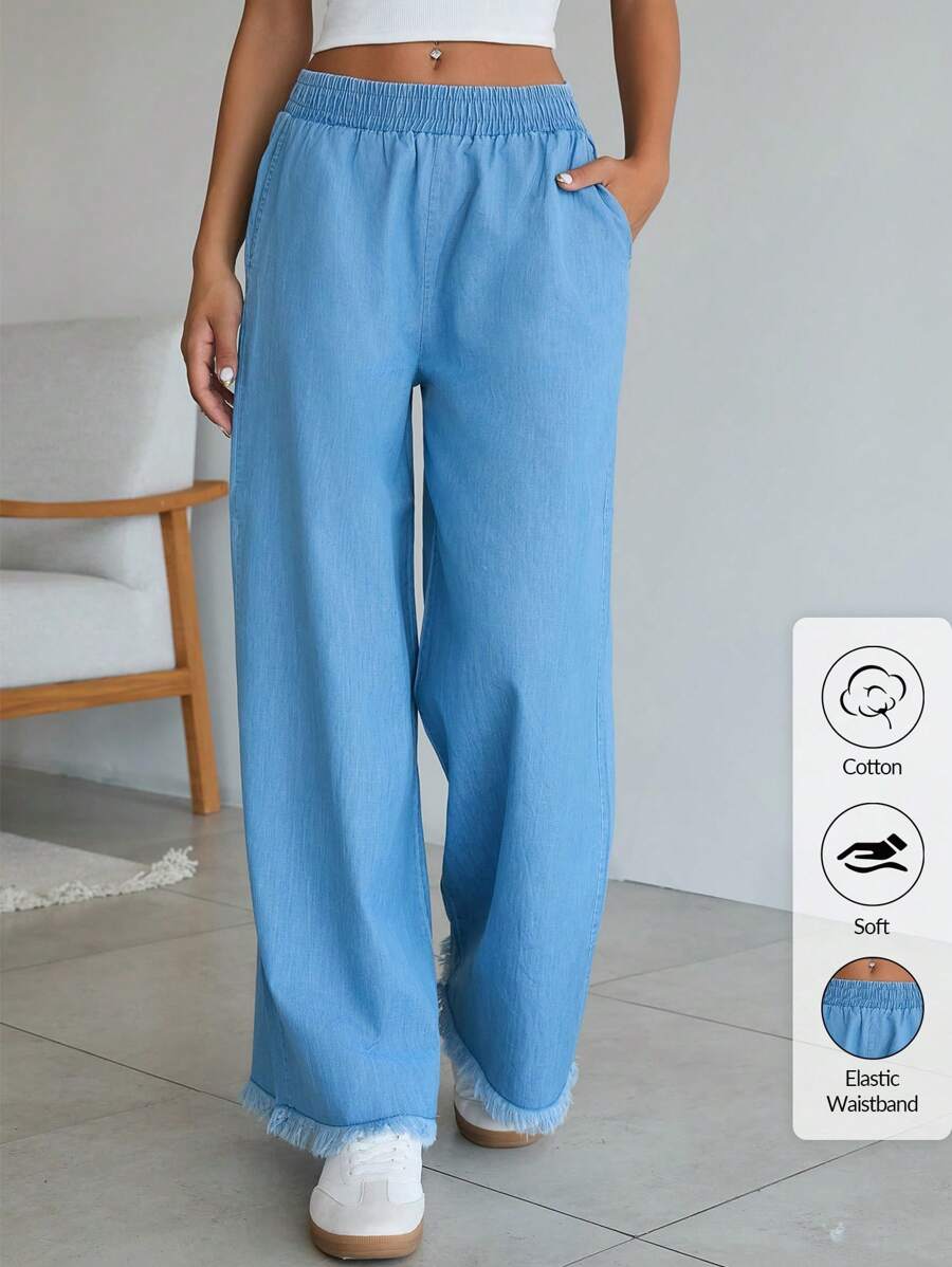 SHEIN Cottnline Pantalones sueltos de cintura alta con bolsillos, de algodón 100%, para primavera y verano, para mujer - Azul lavado medio - Ver 1