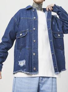 OTTIMOZO Men's Spring & Autumn Relaxed Fit Distressed Drop Shoulder Long Sleeve Denim Jacket - Blue - View 3