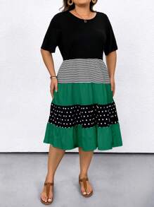 SHEIN LUNE Plus Size Women's Summer Round Neck Short Sleeve Polka Dot & Striped Loose Casual Dress Women Outfit