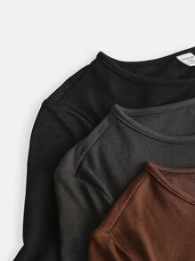 SHEIN Girlism Juego de 3 piezas de camisetas de manga larga casuales de unicolor con cuello redondo fruncido para adolescentes