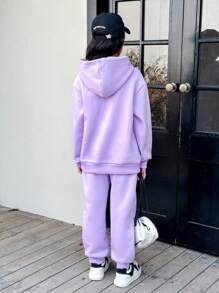 SHEIN 2pcs/Set Purple Hooded Letter Print Basic Casual Sweatshirt And Sweatpants, Spring & Autumn - Purple - View 2