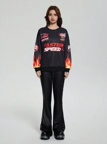 SHEIN Explorewe 2 件套青少年女孩深色休闲火焰字母印花运动衫和 PU 皮革紧身喇叭裤套装 - 黑色 - 查看 7