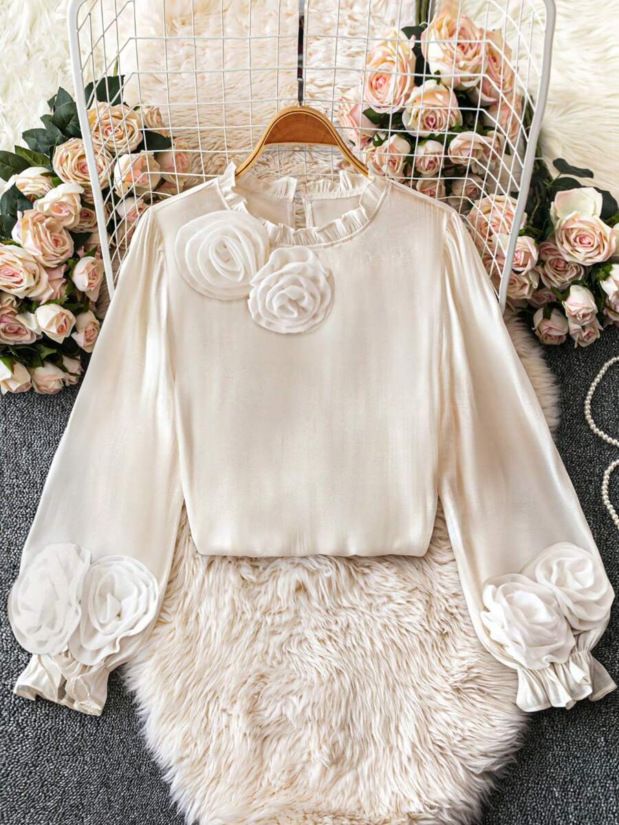 DreamSkyne 大码优雅纯色 3D 花卉装饰衬衫，春夏