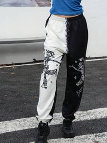 INAWLY Pantalon de jogging avec imprimé crâne bicolore pour femmes - Noir et Blanc - Voir 5