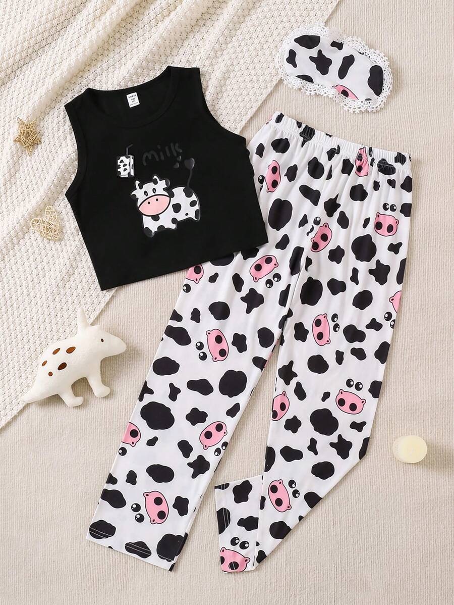 Set de pijama cómodo para niña preadolescente que incluye 3 piezas: camiseta de tirantes con estampado de vaca negra, pantalones y antifaz para los ojos - Blanco y Negro - Ver 1