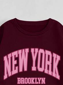 INAWLY 2 piezas Conjunto de sudadera con cuello redondo con estampado de letra y pantalón de chándal con cordón en la cintura para mujer, primavera otoño - Burdeos - Ver 4