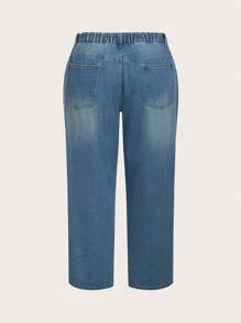 SHEIN CURVE+ Calças Retas Denim Sem Elasticidade Plus Size, Outono/Inverno - Azul - Visão 8