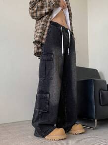 Claim Dot 男士宽松多口袋休闲工装裤，纯色长款宽松深灰色水洗牛仔裤，适合送给丈夫、男朋友的礼物，emo 风格