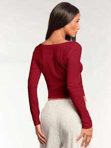 Forever 21 Women Spring & Autumn Casual Solid Color Slim Fit Cropped T-Shirt - Burgundy - View 4