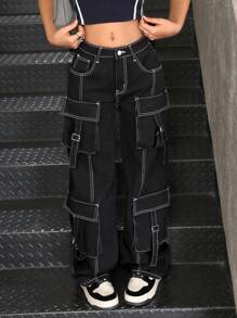 SHEIN Teen Girl Contrast Stitching Black Loose Fit Low Waist Straight Leg Jeans - Black - View 3