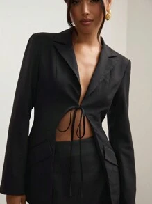 COSMINA Bộ đồ hai mảnh đơn giản, Bộ đồ thời trang màu đen, Áo khoác và váy hai mảnh, Dành cho đi làm, Bộ đồ thường ngày 2 chiếc Áo khoác dài tay có cổ màu trơn mùa xuân/thu cho nữ và váy ngắn - màu đen - Xem 5