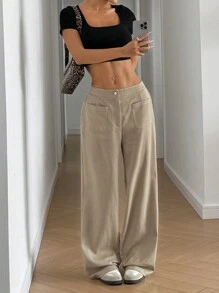 Muchica 纯色纯色前扣口袋简约休闲宽腿裤，秋冬 - 米色 - 查看 3