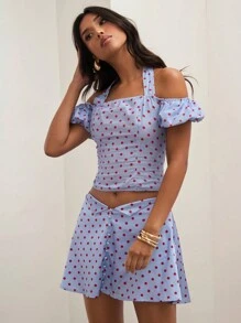 COSMINA Women's Front Button Polka Dot Allover Print A-Line Satin Skirt, Casual Daily Wear - Multicolor - View 4