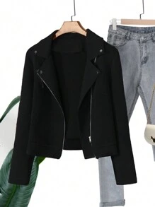 SHEIN LUNE Plus Size Casual Versatile Black Textured Bomber Jacket Fall Winter Cloth For Women Autumn - Black - View 7