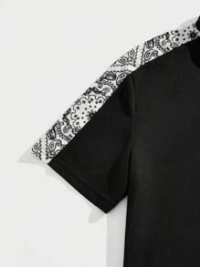 AKNOTIC Men's Casual Printed Patchwork Short Sleeve POLO Shirt, Summer - Black - View 3