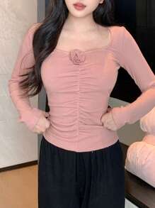 DAZY Lace Decorated Ruched Design Ribbed Knit Slim Fit Pajama Top Fall,Winter - Pink - View 7