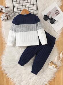 男婴 2 件套休闲基本款字母贴花拼色羊毛圆领运动衫和运动裤套装，适合秋冬季、户外、多用途、舒适保暖 - 彩色 - 查看 2