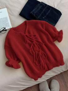 INAWLY Pulover casual de damă cu cravată în față cu tiv asimetric