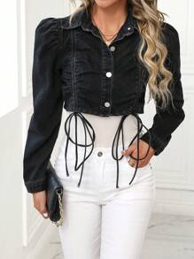 SHEIN LUNE Women's Casual Puff Sleeve Drawstring Cropped Denim Jacket, Autumn - Black - View 1