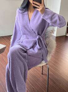 DAZY Pijama de moletom folgado com amarração na cintura, em imitação de pele de vison, roupa aconchegante para outono e inverno. - Roxa - Ver 4