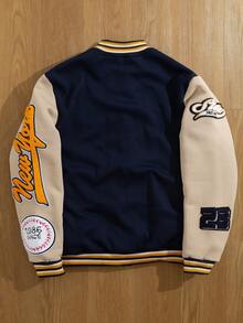 Manfinity Campus Court 男士纯色拼布前扣字母印花休闲棒球夹克，外出街头穿着长袖狂野拼色夹克，适合朋友、丈夫、男朋友的礼物，适合秋季