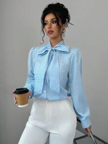 Chiquease 休闲格子长袖衬衫 - 藍色 - 查看 3
