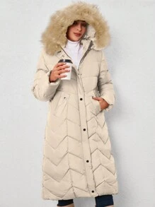 EURMUSE Fuzzy Trim Hooded Zip Up Puffer Coat - White - View 1