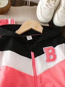 SHEIN Bộ đồ liền quần có mũ trùm đầu họa tiết khối màu tương phản cho bé gái và quần chạy bộ chắp vá, phù hợp cho mùa thu đông, thường ngày, đi học, thể thao, mặc hàng ngày, trang phục anh chị em - Màu Hồng baby - Xem 5