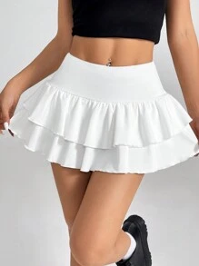 SHEIN PETITE Women's Double Layer Ruffle Hem A-Line Skirt - White - View 5