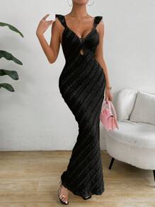 Chiquease Women's Vacation Solid Color Patchwork Ruffle Hem Maxi Bodycon Dress - Black - View 5