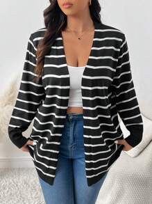 SHEIN Frenchy Plus Size Fall Striped Printed Casual Long Sleeve Cardigan