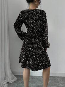 Chiquease Elegant Long Sleeve V-Neck Waist Cinched Midi Dress Fall Cloth For Women - Black - View 2