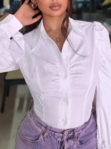 SHEIN PETITE 女士休闲荷叶边饰领衬衫女士衬衫，长袖上衣 - 白色 - 查看 6