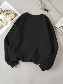 青少年女孩超大长袖运动衫，带标语和蝴蝶结印花，休闲街头装 - 黑色 - 查看 2