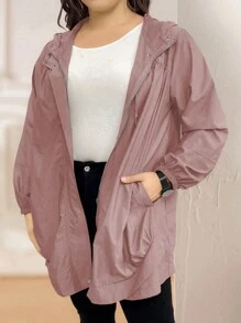 Calvaya Áo khoác gió trùm đầu màu trơn thường ngày cỡ lớn - Bụi hồng - Xem 2